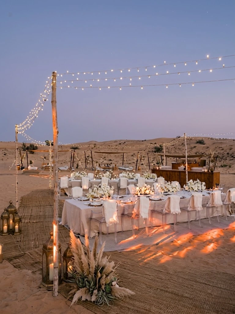 Luxury desert wedding setup in Morocco with tents and elegant lounges